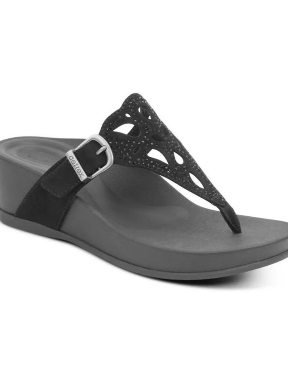 Aetrex Tasha Women's Black Wedge Thong Sandals Bling Hook Loop US 8.5 EU39 Wide